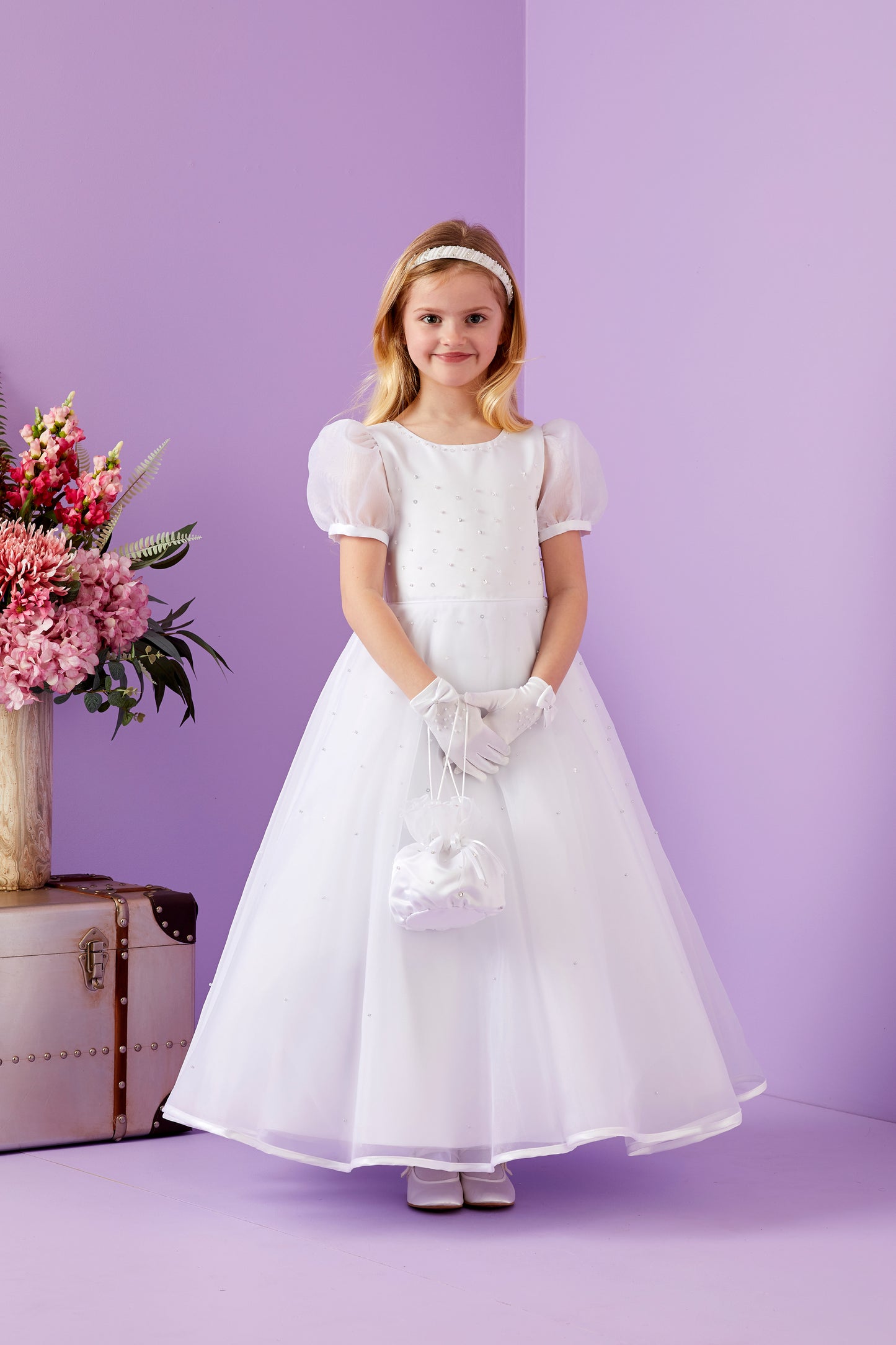 Elodie Holy Communion Dress with Puff Sleeves and Organza Full Skirt Available October 2025