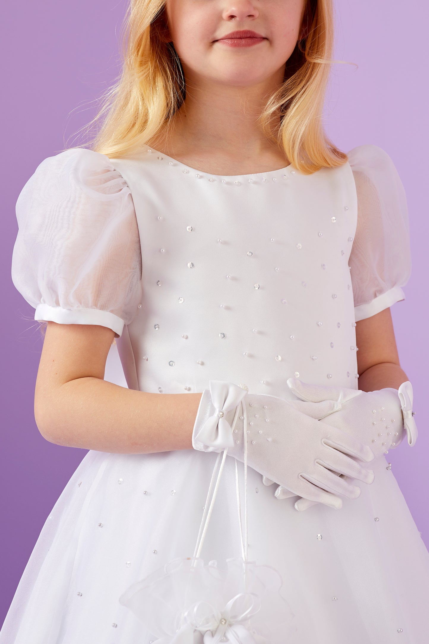 Elodie Holy Communion Dress with Puff Sleeves and Organza Full Skirt Available October 2025