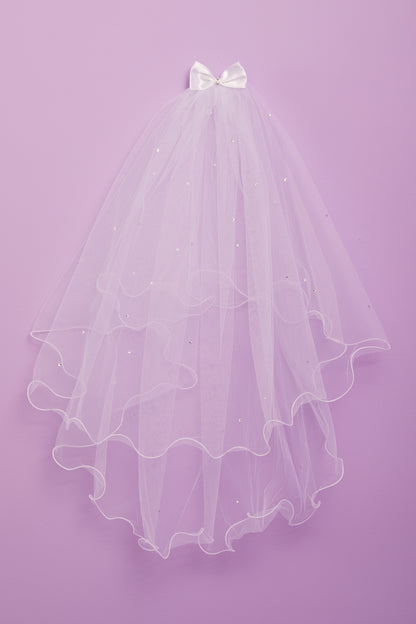 Linzi Satin Bow Diamante Communion Veil with Curly Hem White Available Oct 2025