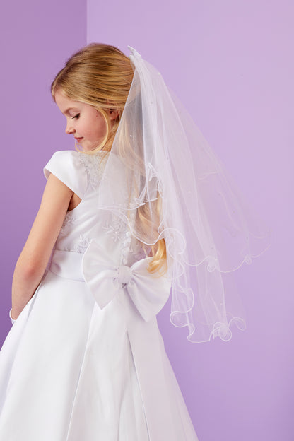 Linzi Satin Bow Diamante Communion Veil with Curly Hem White Available Oct 2025