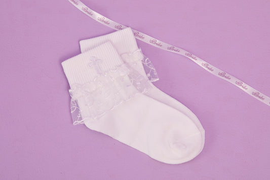 Georgina White Socks with Gupiere Lace Frill and Cross Detail Available October 2025
