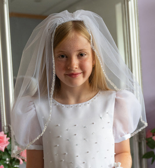 Pandora White Communion Veil with Bead and Sequin Hem Detail Available October 2025