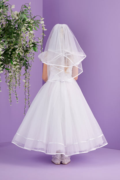 Josie Full Length White Holy Communion Dress with Illusion Neckline and Short Puff Sleeves  Available October 2026