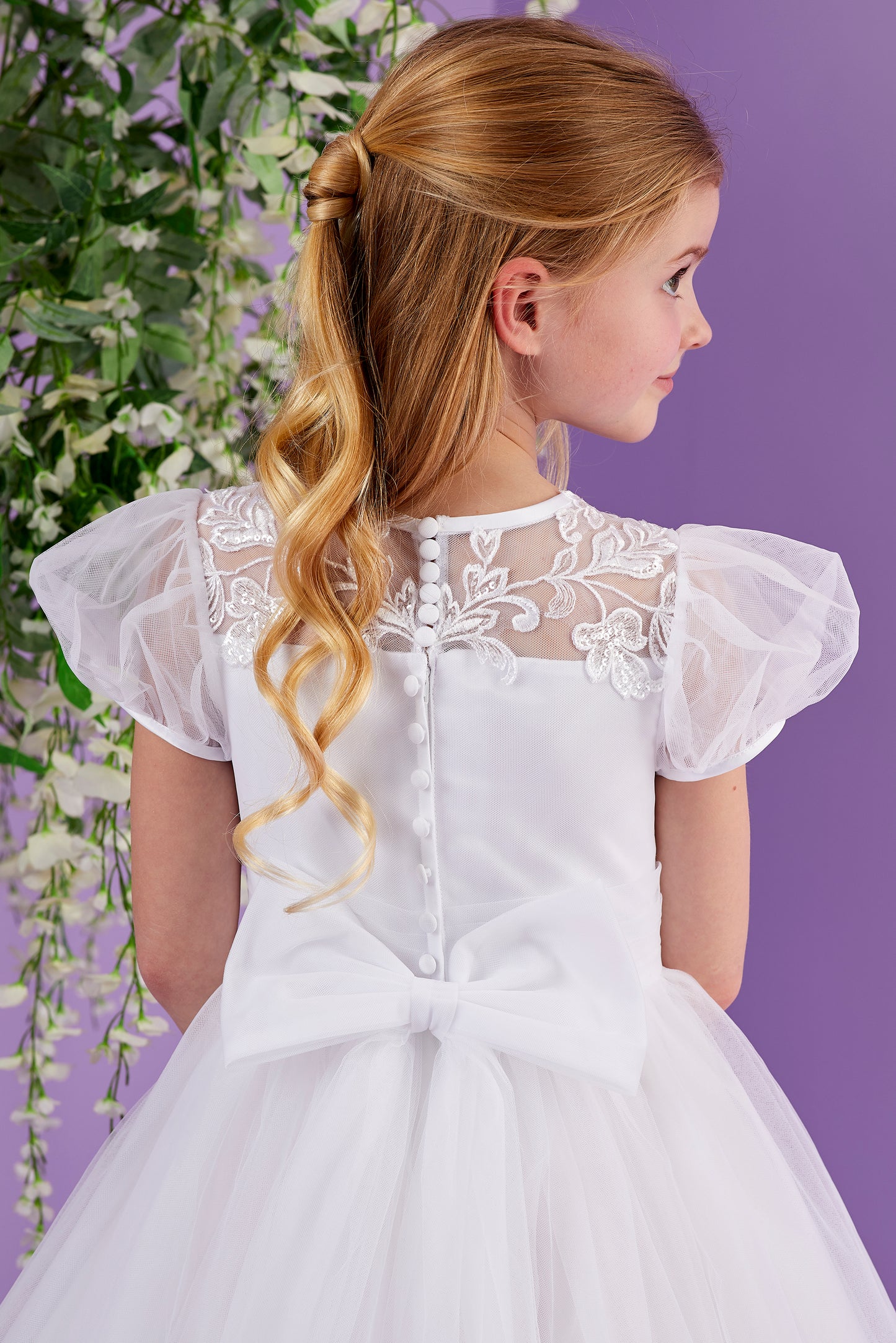 Josie Full Length White Holy Communion Dress with Illusion Neckline and Short Puff Sleeves  Available October 2026