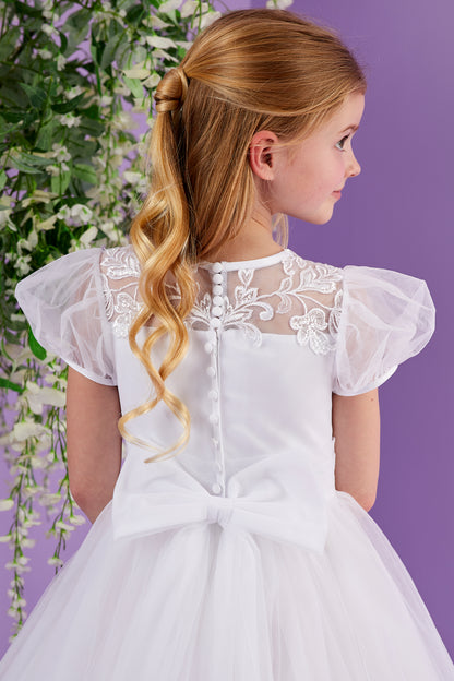Josie Full Length White Holy Communion Dress with Illusion Neckline and Short Puff Sleeves  Available October 2026