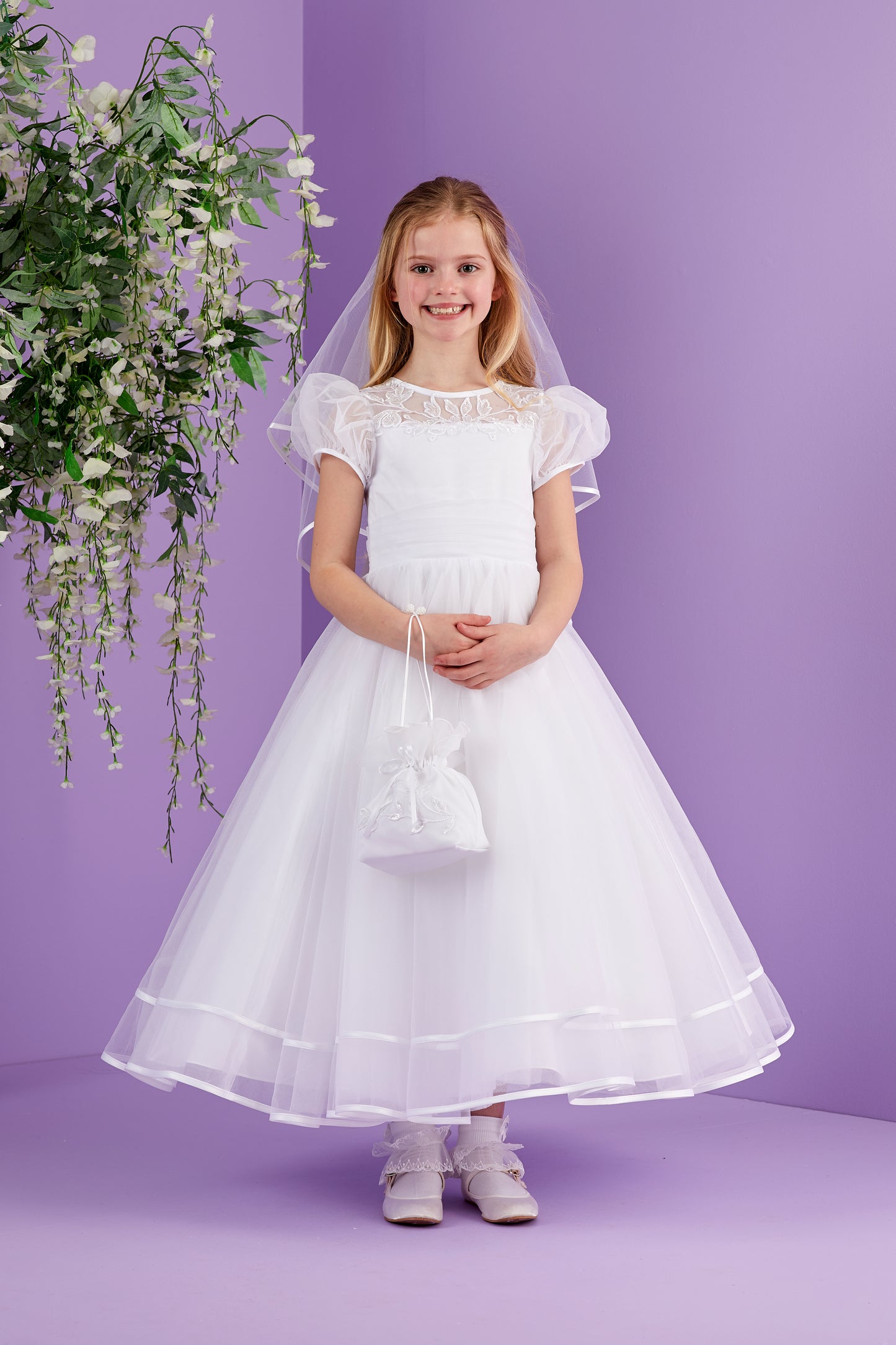 Josie Full Length White Holy Communion Dress with Illusion Neckline and Short Puff Sleeves  Available October 2026