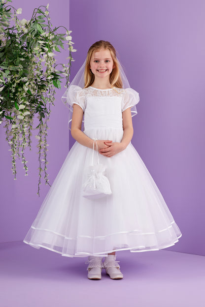 Josie Full Length White Holy Communion Dress with Illusion Neckline and Short Puff Sleeves  Available October 2026