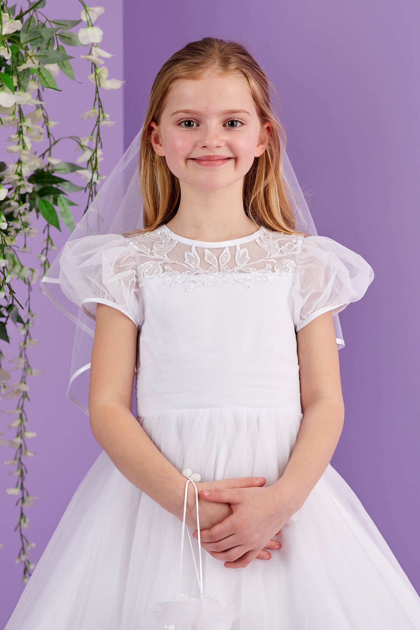 Josie Full Length White Holy Communion Dress with Illusion Neckline and Short Puff Sleeves  Available October 2026