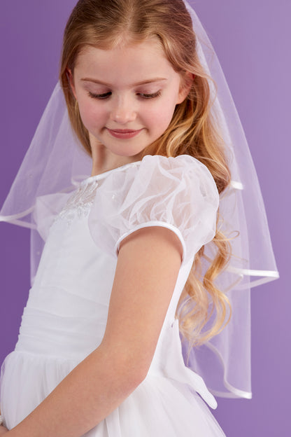 Josie Full Length White Holy Communion Dress with Illusion Neckline and Short Puff Sleeves  Available October 2026