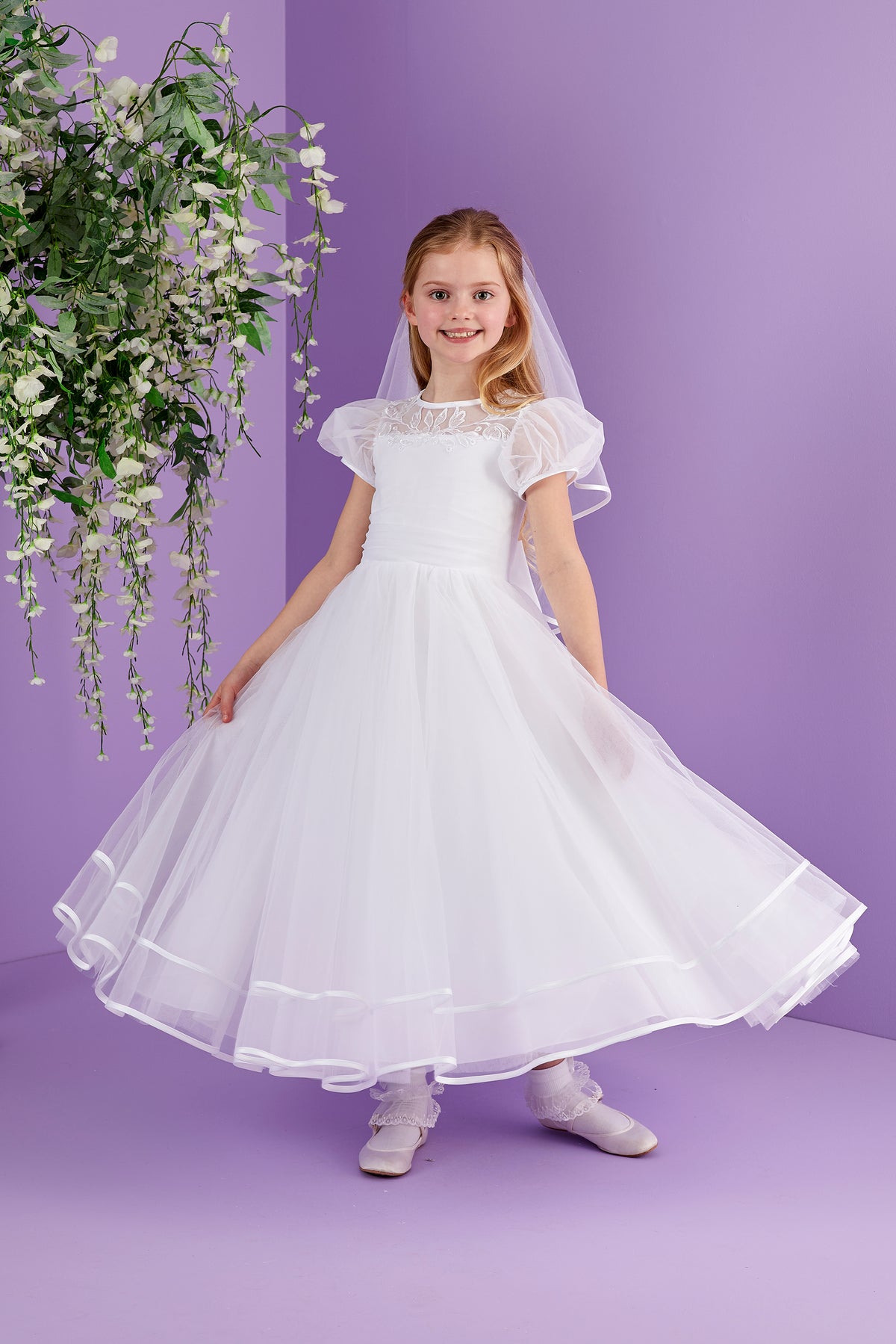 Josie Full Length White Holy Communion Dress with Illusion Neckline and Short Puff Sleeves  Available October 2026