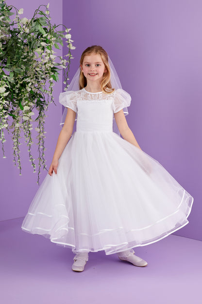 Josie Full Length White Holy Communion Dress with Illusion Neckline and Short Puff Sleeves  Available October 2026