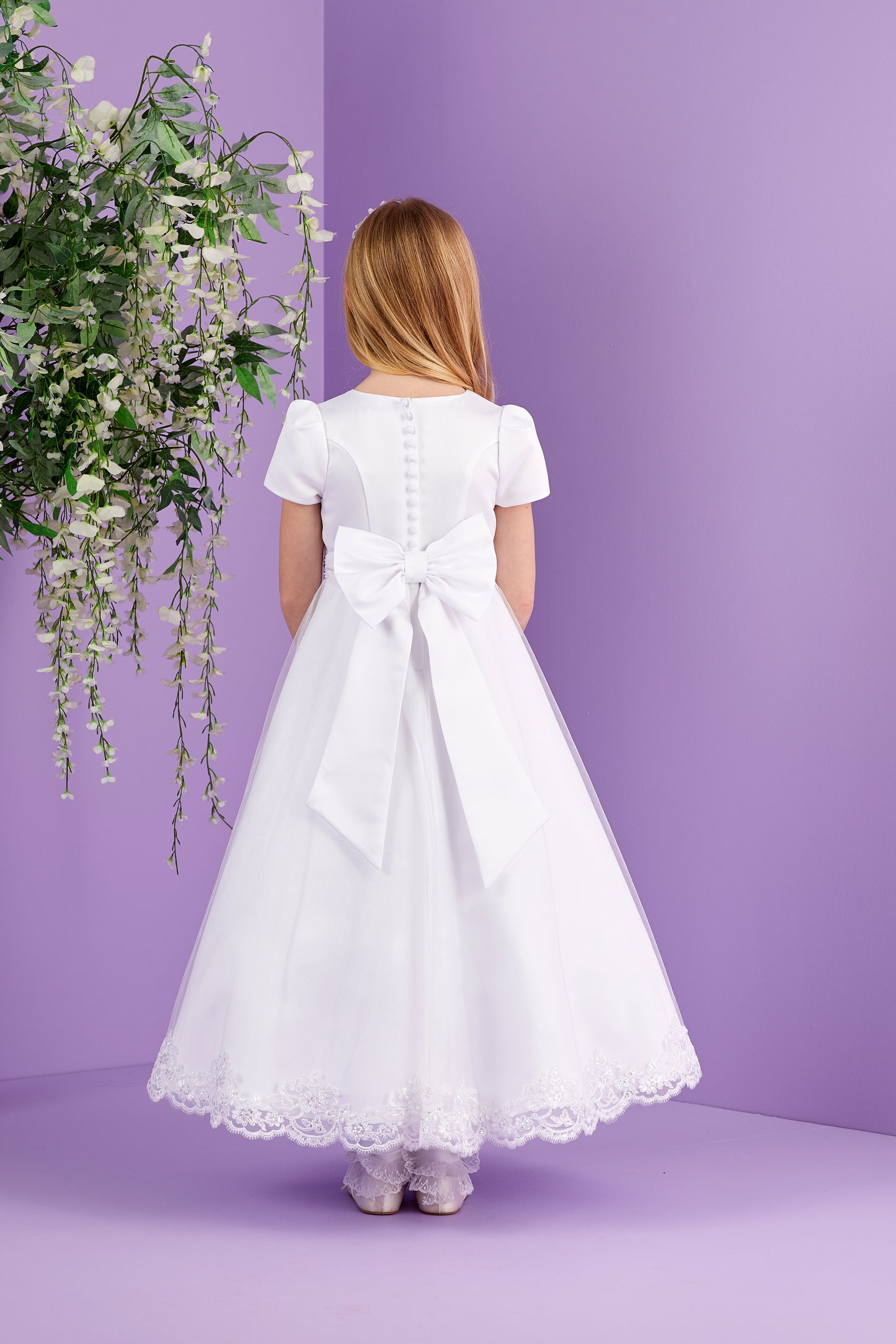 Petra White Short Sleeved Holy Communion Dress with a Lace Edged Sparkle Net Skirt Available October 2026