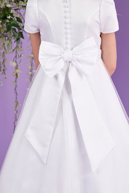 Petra White Short Sleeved Holy Communion Dress with a Lace Edged Sparkle Net Skirt Available October 2026