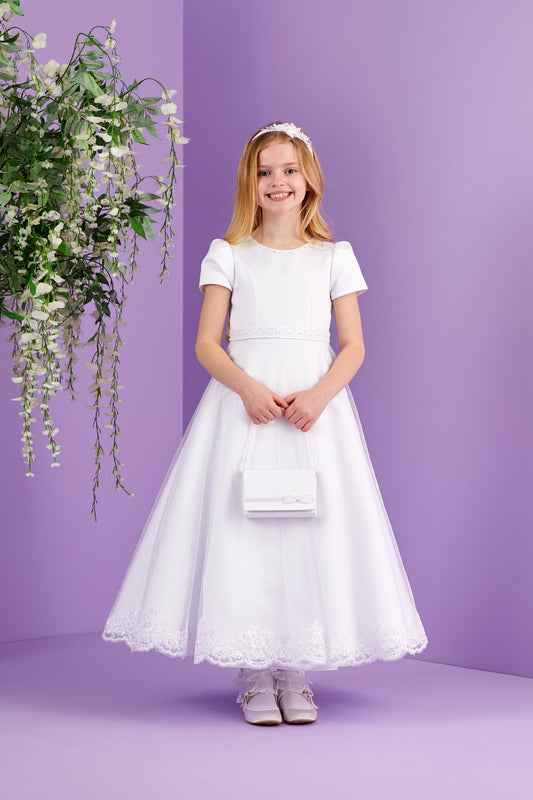 Petra White Short Sleeved Holy Communion Dress with a Lace Edged Sparkle Net Skirt Available October 2026