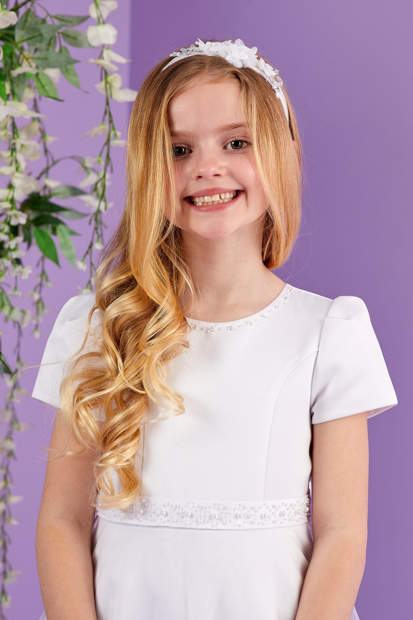 Petra White Short Sleeved Holy Communion Dress with a Lace Edged Sparkle Net Skirt Available October 2026
