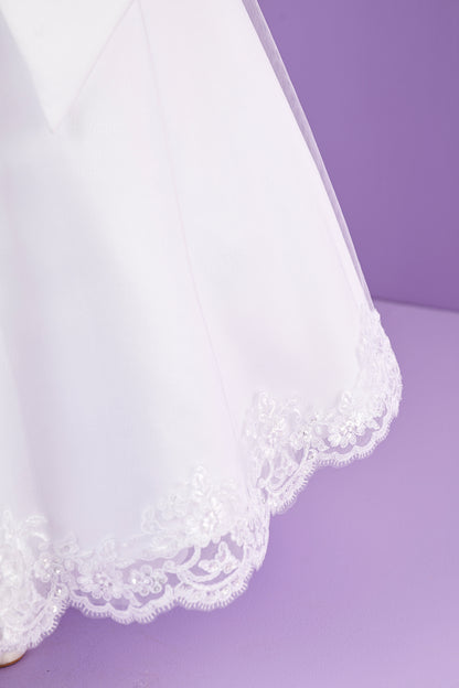 Petra White Short Sleeved Holy Communion Dress with a Lace Edged Sparkle Net Skirt Available October 2026