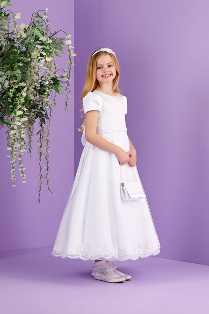 Petra White Short Sleeved Holy Communion Dress with a Lace Edged Sparkle Net Skirt Available October 2026