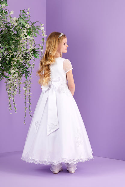 Sabrina White Holy Communion Dress featuring Embellished Motifs and Lace Edged Hem Available October 2026