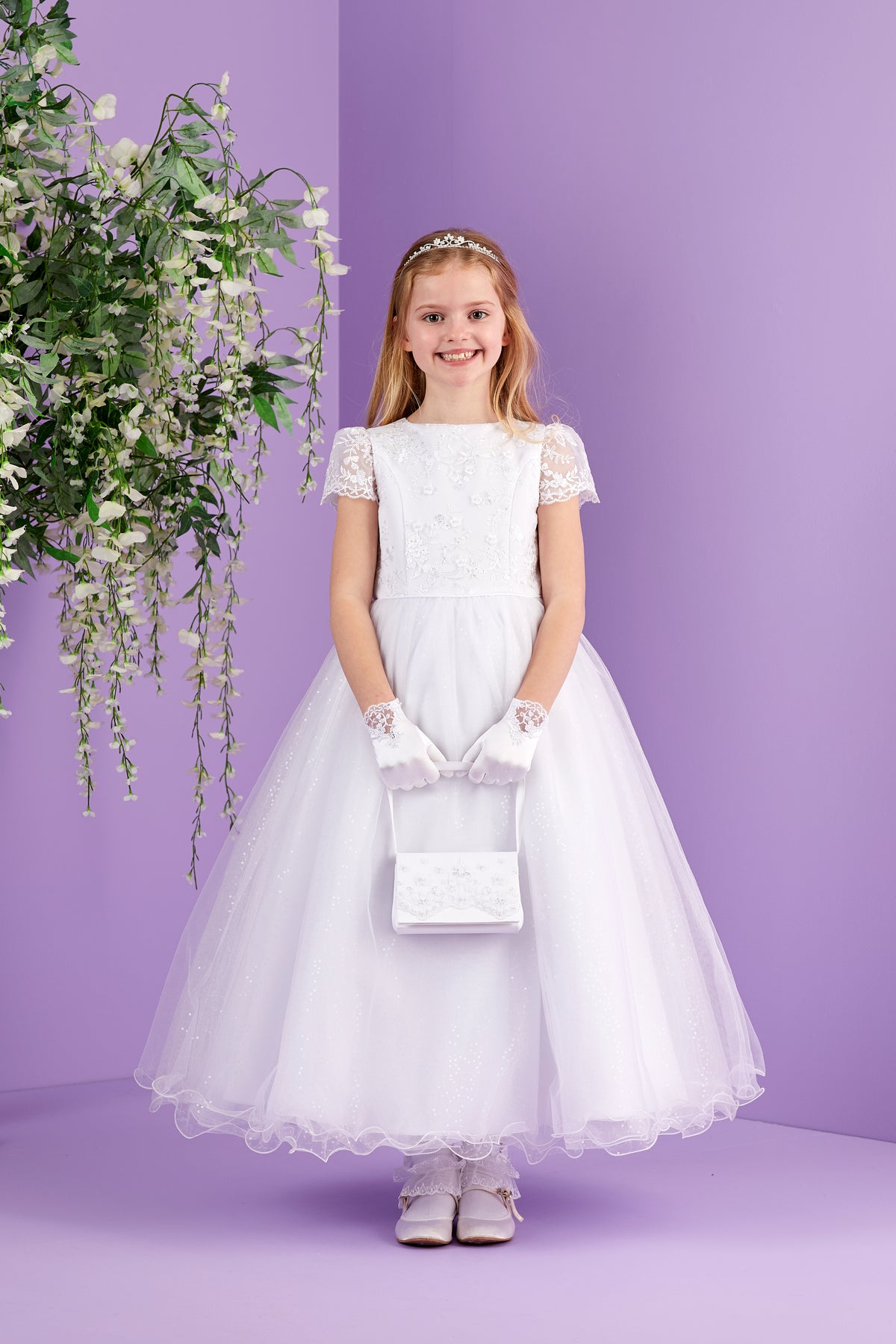 Sophia Full Length White Holy Communion Dress with Sparkle Net Skirt  Available October 2026