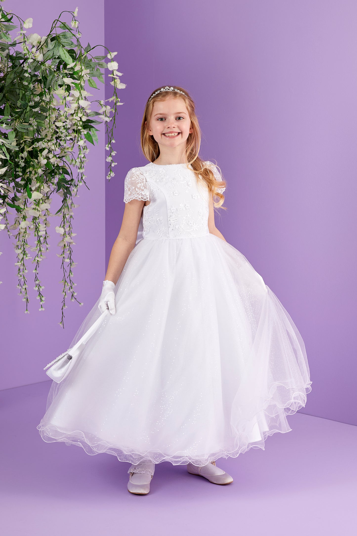 Sophia Full Length White Holy Communion Dress with Sparkle Net Skirt  Available October 2026