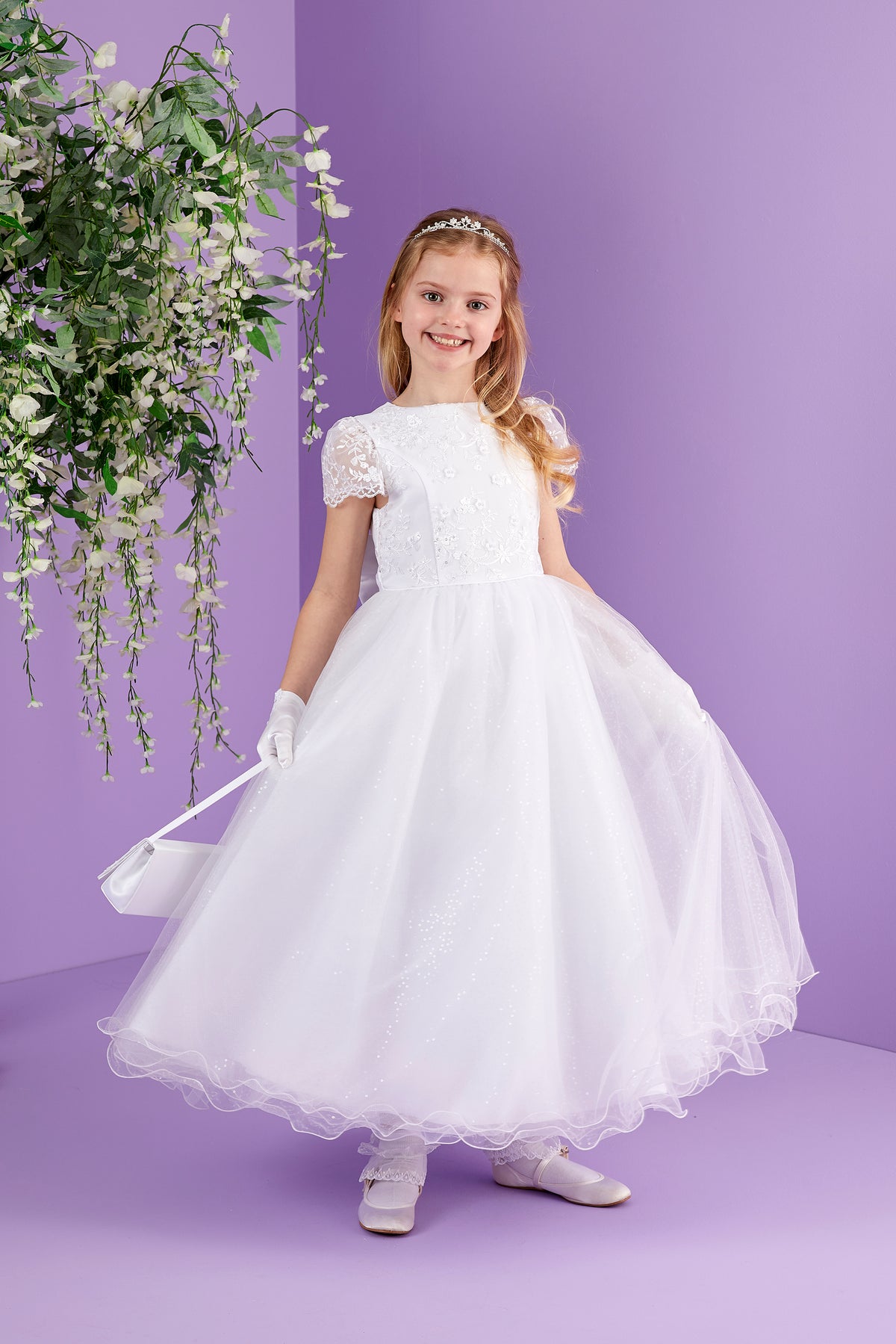 Sophia Full Length White Holy Communion Dress with Sparkle Net Skirt  Available October 2026