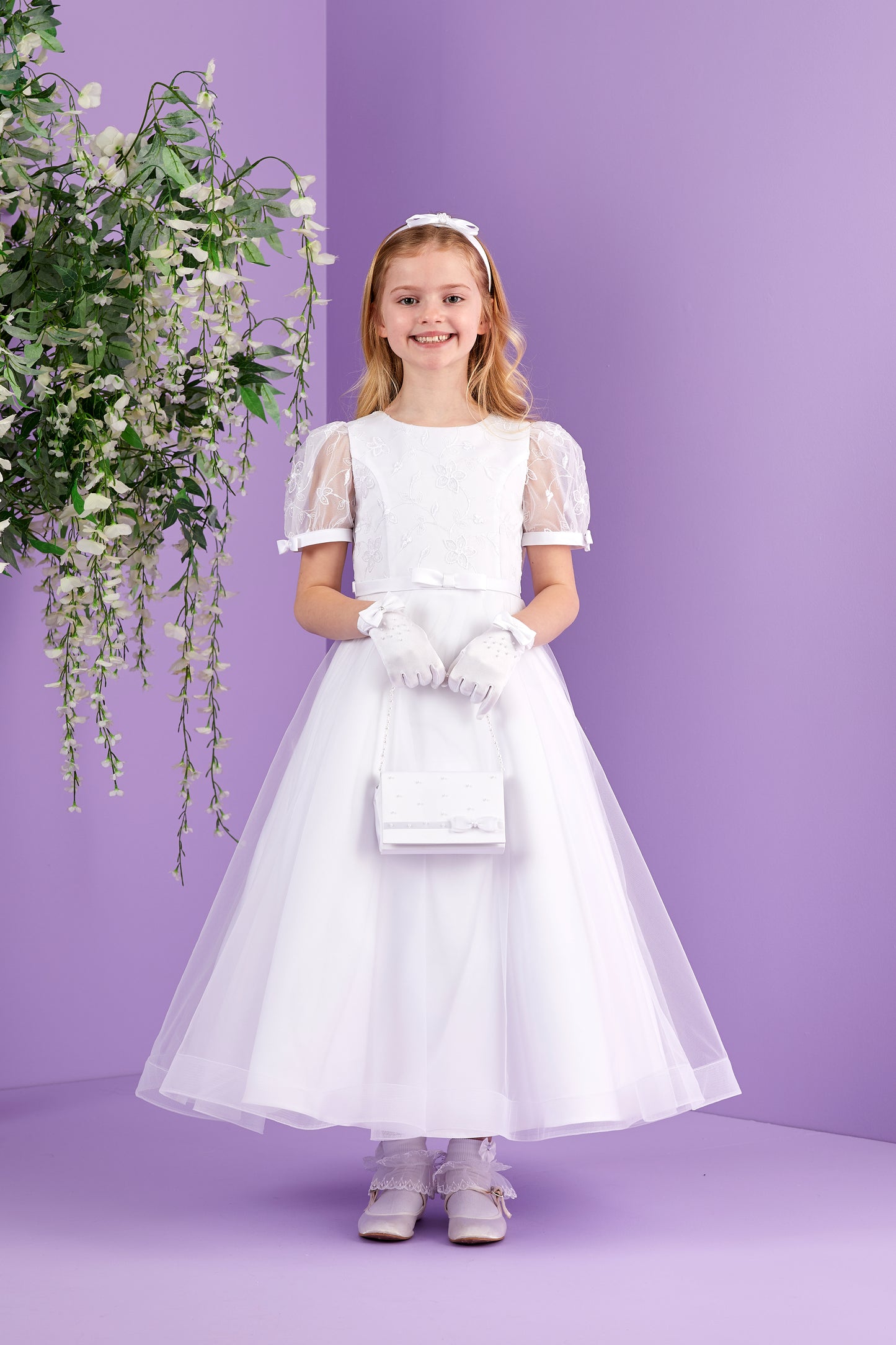 Serena Short Sleeve White Holy Communion Dress with Embroidered Bodice and Tulle Skirt  Available October 2026
