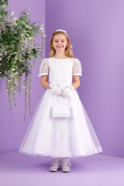 Serena Short Sleeve White Holy Communion Dress with Embroidered Bodice and Tulle Skirt  Available October 2026