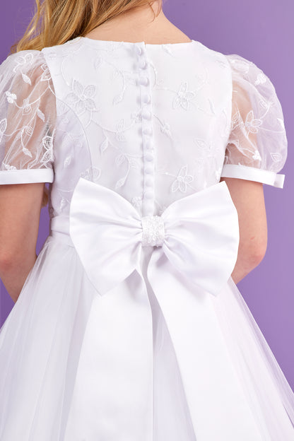 Serena Short Sleeve White Holy Communion Dress with Embroidered Bodice and Tulle Skirt  Available October 2026