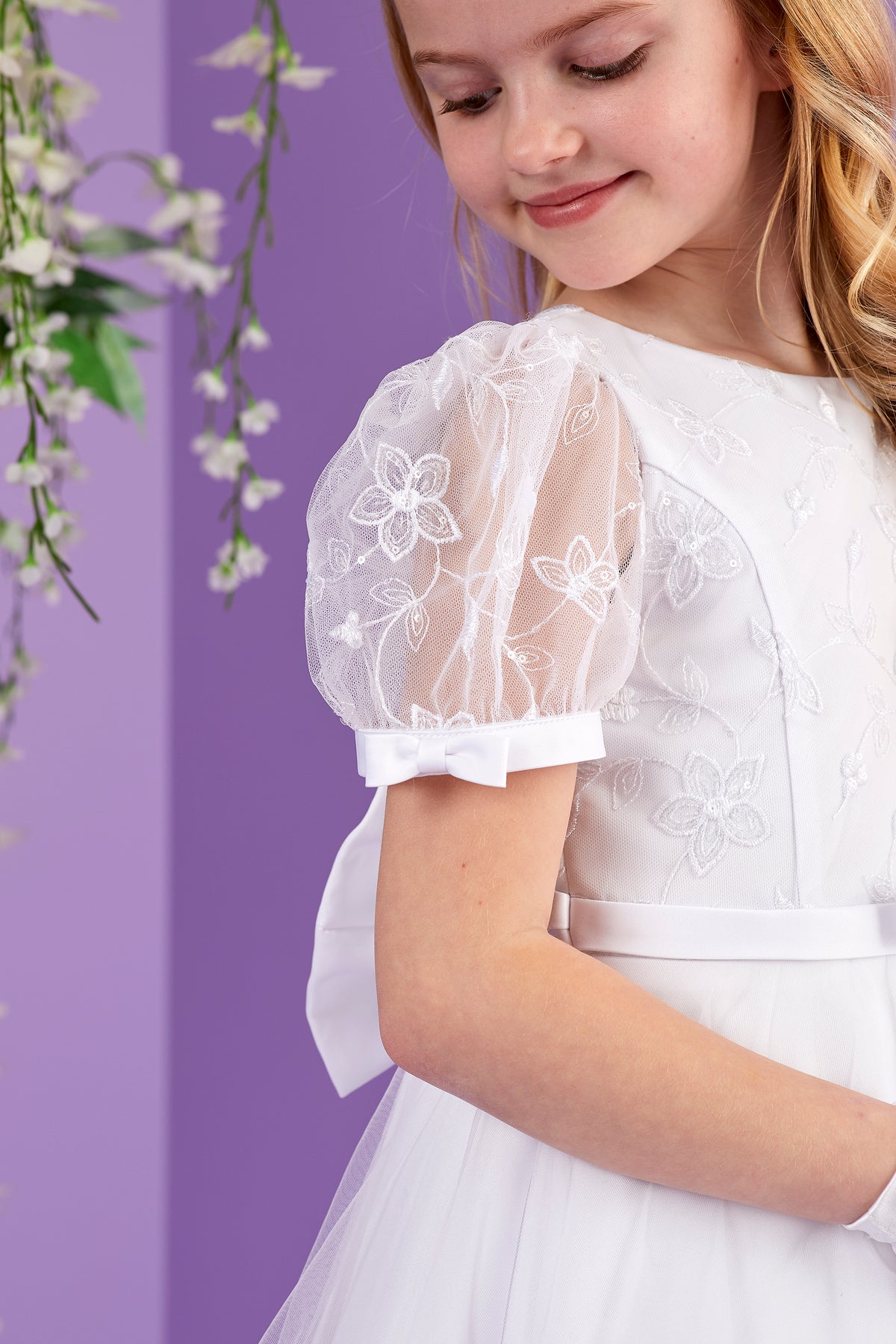 Serena Short Sleeve White Holy Communion Dress with Embroidered Bodice and Tulle Skirt  Available October 2026