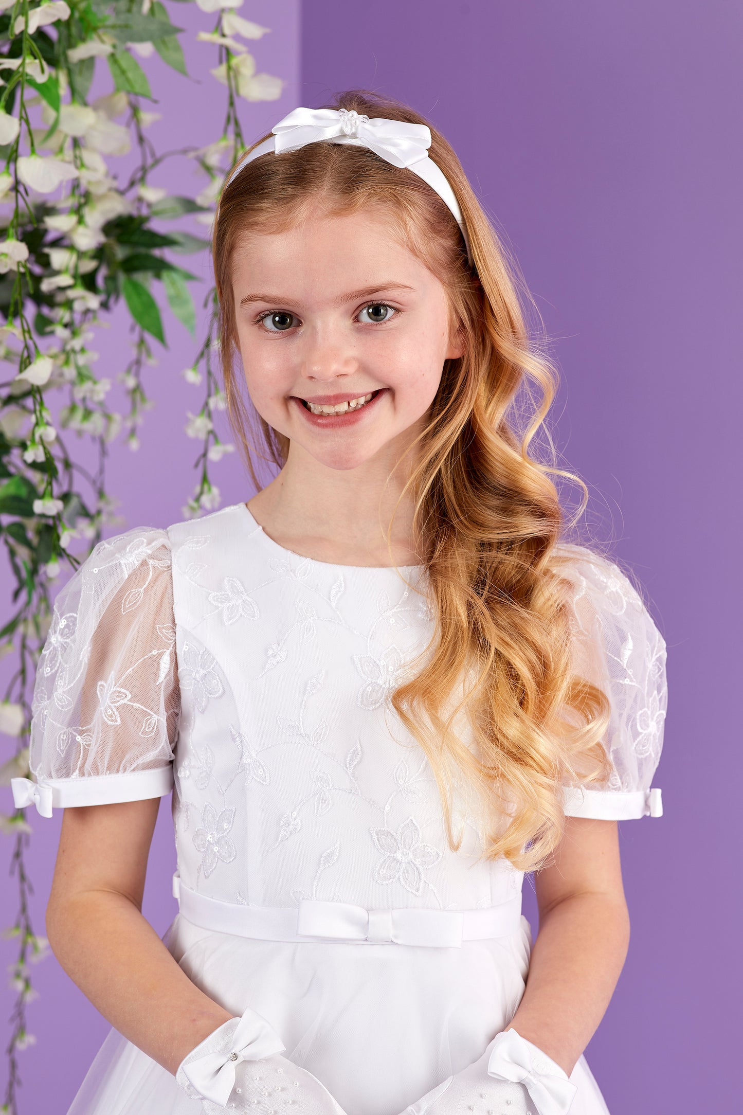 Serena Short Sleeve White Holy Communion Dress with Embroidered Bodice and Tulle Skirt  Available October 2026