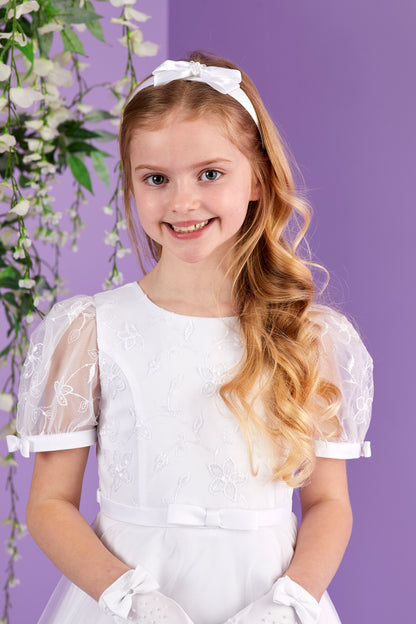 Serena Short Sleeve White Holy Communion Dress with Embroidered Bodice and Tulle Skirt  Available October 2026