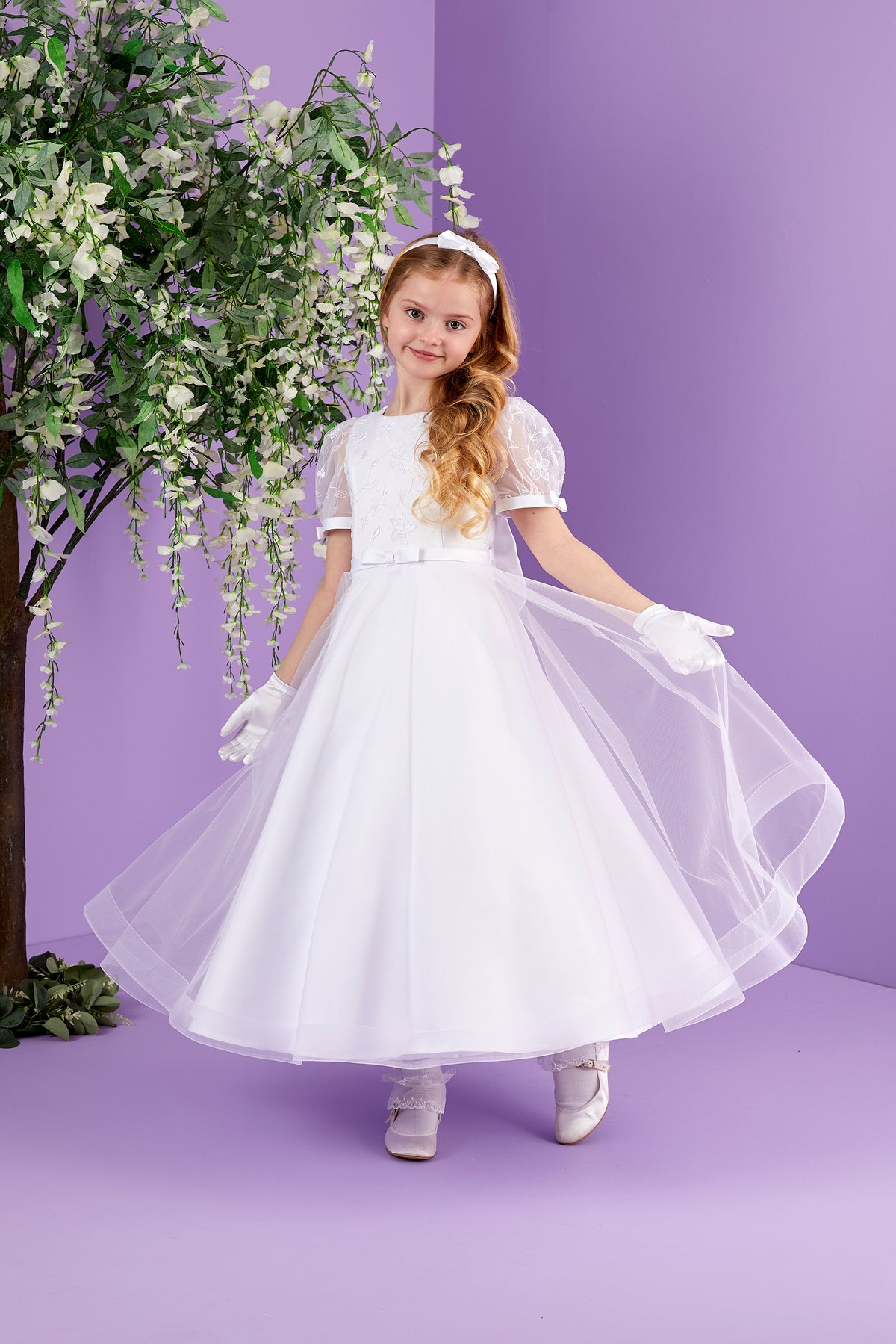 Serena Short Sleeve White Holy Communion Dress with Embroidered Bodice and Tulle Skirt  Available October 2026