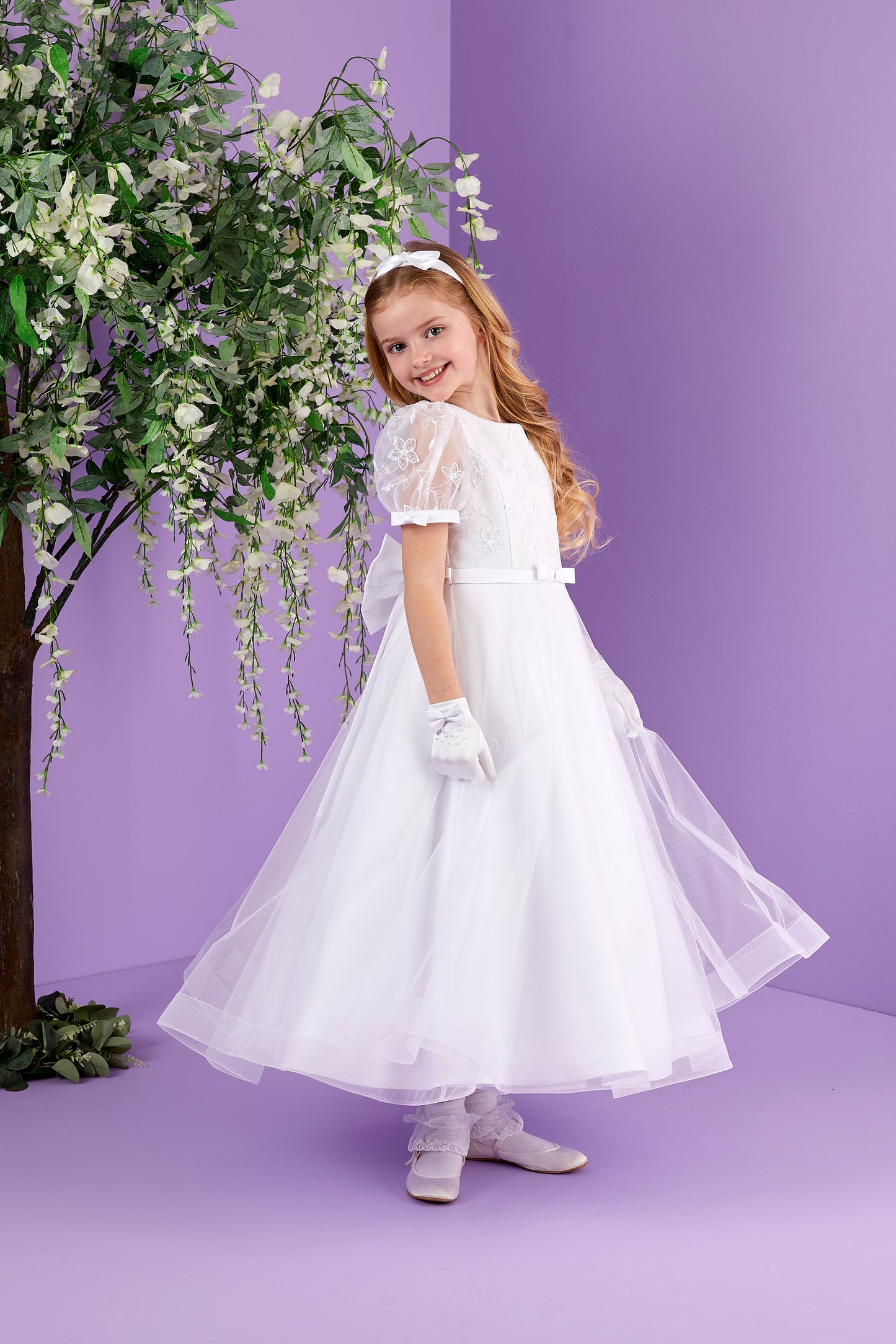 Serena Short Sleeve White Holy Communion Dress with Embroidered Bodice and Tulle Skirt  Available October 2026