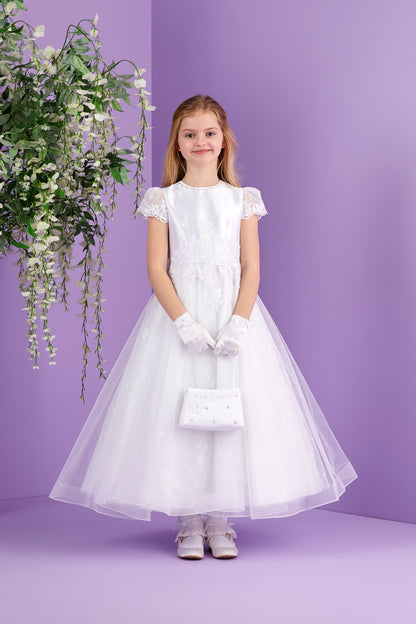Leona Short Sleeve White Holy Communion Dress with Sparkle Skirt and Guipure Motifs  Available October 2026