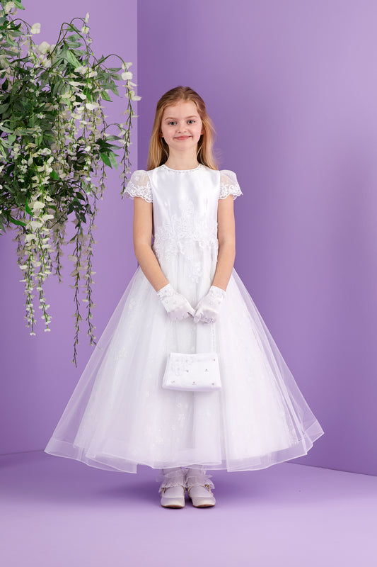 Leona Short Sleeve White Holy Communion Dress with Sparkle Skirt and Guipure Motifs  Available October 2026
