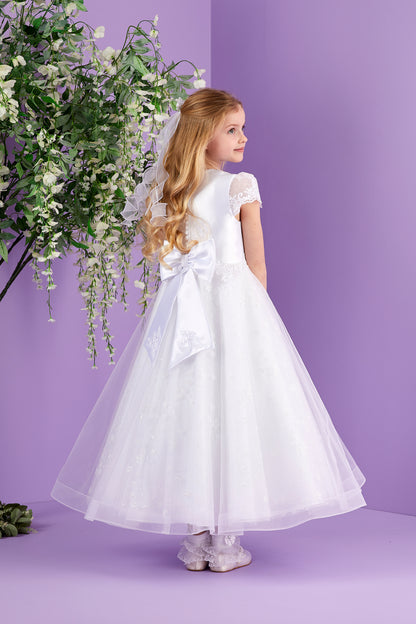 Leona Short Sleeve White Holy Communion Dress with Sparkle Skirt and Guipure Motifs  Available October 2026