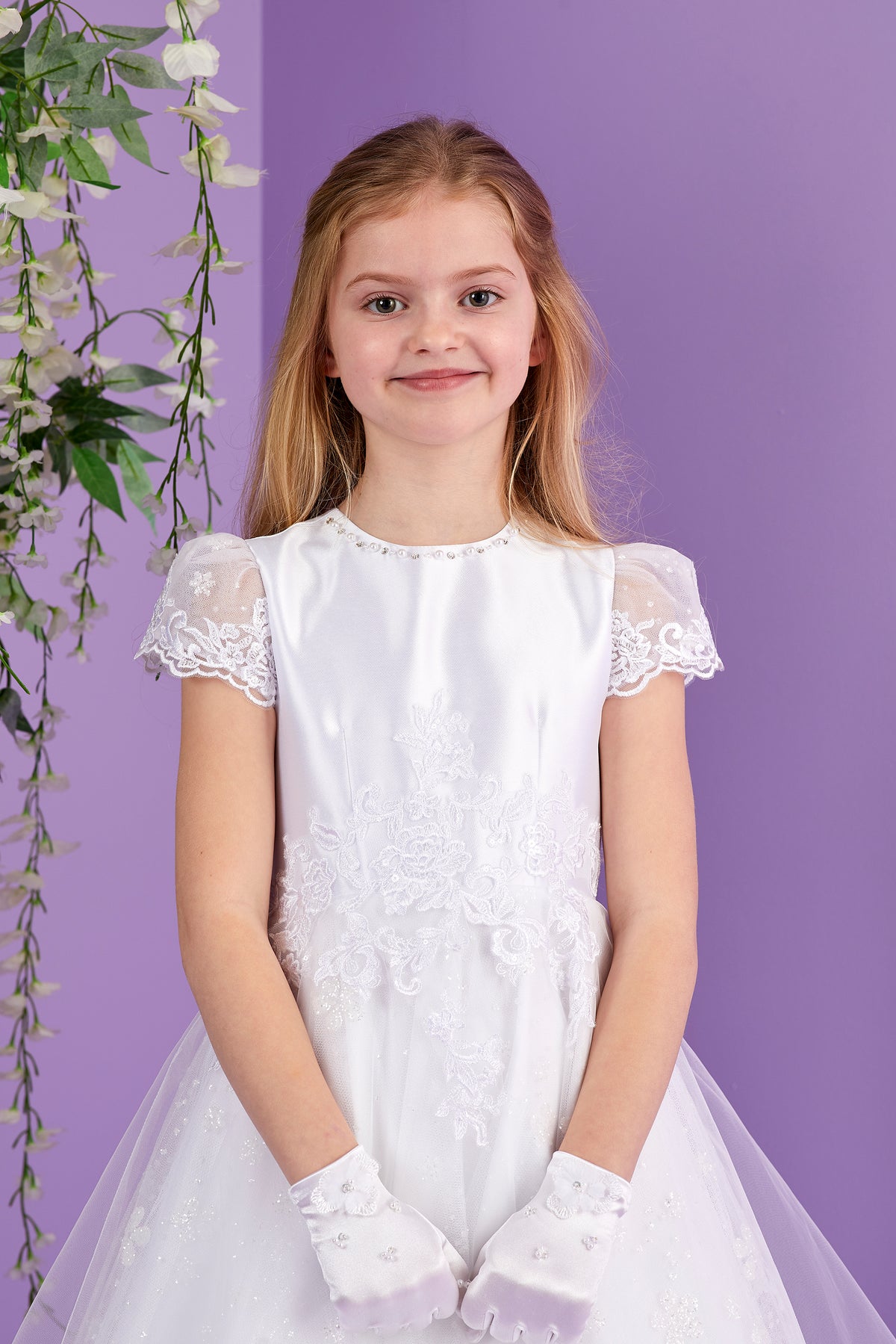 Leona Short Sleeve White Holy Communion Dress with Sparkle Skirt and Guipure Motifs  Available October 2026