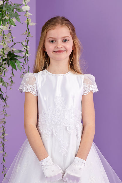 Leona Short Sleeve White Holy Communion Dress with Sparkle Skirt and Guipure Motifs  Available October 2026