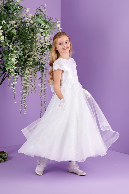 Leona Short Sleeve White Holy Communion Dress with Sparkle Skirt and Guipure Motifs  Available October 2026