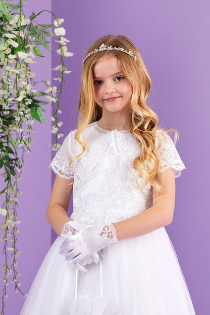 April White Satin Holy Communion Glove with lace Insert and sequin detail Available October 2026