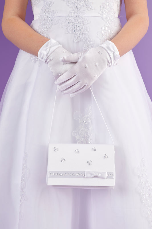 Margaret White Satin Holy Communion Glove with Bow  Available October 2026