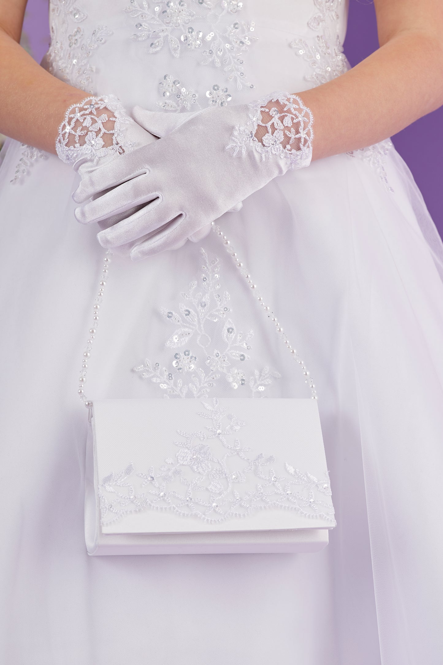 Tara White Satin and Lace First Holy Communion Bag with Beaded Handle  Available October 2026